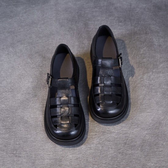 Women's Genuine Leather Woven Flat Roman Sandals