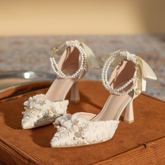 Women's Pearl Flower Decoration Fine High Heels