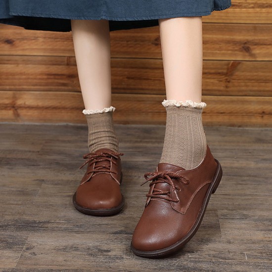 Leather Casual Loafers Lace Up Flats Shoes For Women