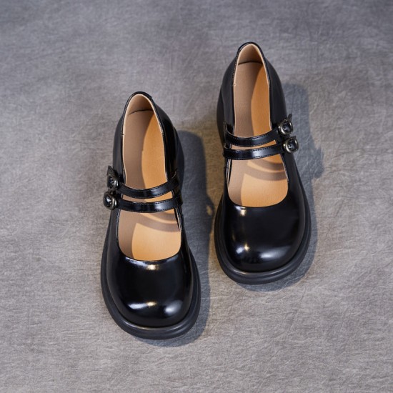 Double Buckle Leather Square Heel Mary Jane Women's Shoes