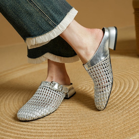 Women's Hollow Out Leather Low Heel Buckle Summer Mule Sandals