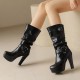 Womens Mid-Calf Round Toe Chunky High Heel Pull On Boots Plus Size Shoes