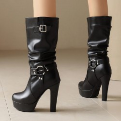 Womens Mid-Calf Round Toe Chunky High Heel Pull On Boots Plus Size Shoes