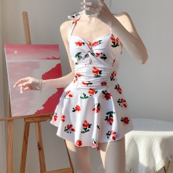 Retro Soft Girl Aesthetic Hanging Neck Halter Swimsuit