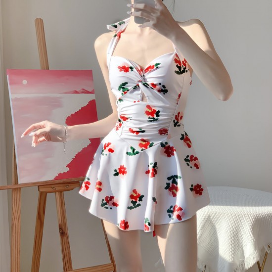 Retro Soft Girl Aesthetic Hanging Neck Halter Swimsuit