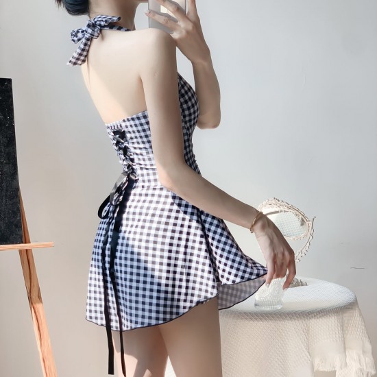 Retro Soft Girl Aesthetic Hanging Neck Halter Swimsuit