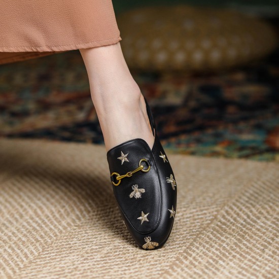 Women Handmade Soft Leather Embroidery Pattern Mules