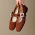 Caramel French Rhinestone Buckle Mary Jane Handmade Leather Women's Shoes