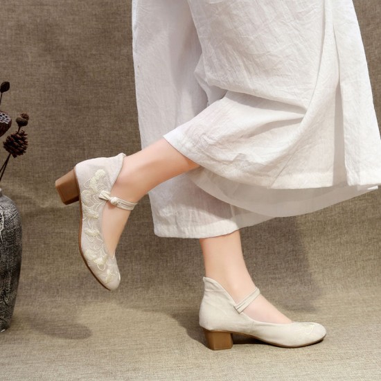 Womens Elegant Embroidered Low Heels Pumps