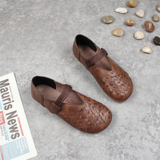 Women's Round Toe Woven Style Velcro Flats Shoes