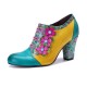 Leather Colorful Patchwork Flower Decoration Block Heel Women's Shoes