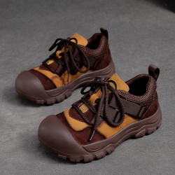 Women's Leather Colorblocking Big Head Lace Up Platform Casual Shoes