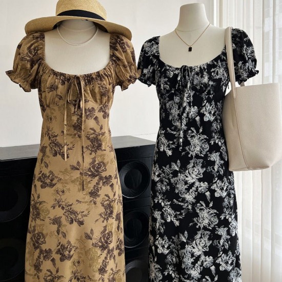 Vintage Floral Square Neck Drawstring Tie Dress
