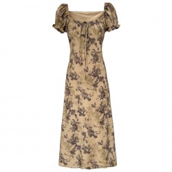Vintage Floral Square Neck Drawstring Tie Dress