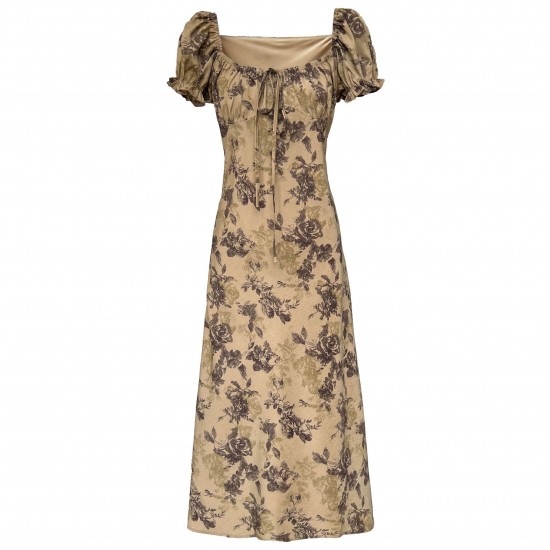 Vintage Floral Square Neck Drawstring Tie Dress
