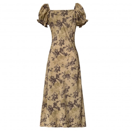 Vintage Floral Square Neck Drawstring Tie Dress