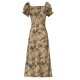Vintage Floral Square Neck Drawstring Tie Dress