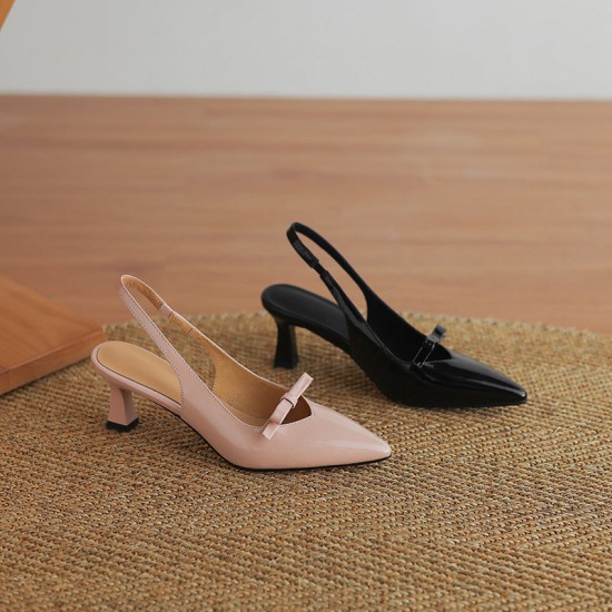 Women's Handmade Leather Pointed Toe Bow Slingback Cat Heel Sandals