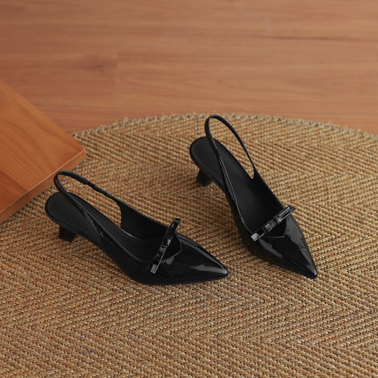 Women's Handmade Leather Pointed Toe Bow Slingback Cat Heel Sandals
