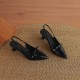 Women's Handmade Leather Pointed Toe Bow Slingback Cat Heel Sandals