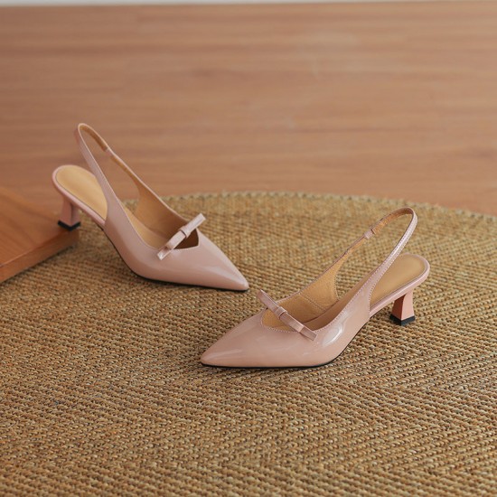 Women's Handmade Leather Pointed Toe Bow Slingback Cat Heel Sandals