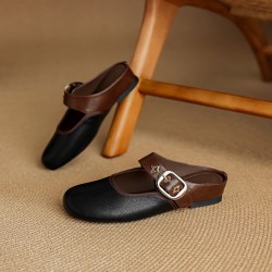 Women's Handmade Retro Leather Round Toe Comfortable Flat Mule Shoes