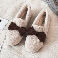 Women Faux-Fur Loafers Bow Winter Warm & Soft Plush Shoes