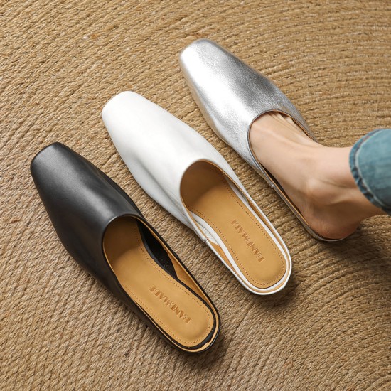 Women's Handmade Leather Minimalist Flat Comfort Mule Shoes