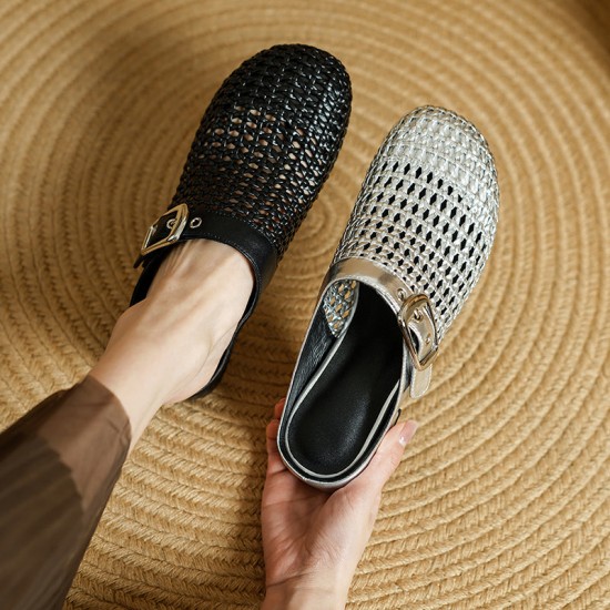 Women's Hollow Out Leather Low Heel Buckle Summer Mule Sandals