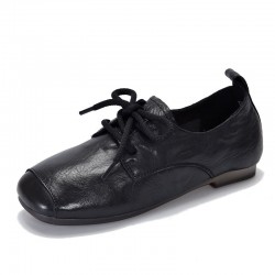Genuine Leather Square Toe Retro Lace Up Flats Women's Shoes