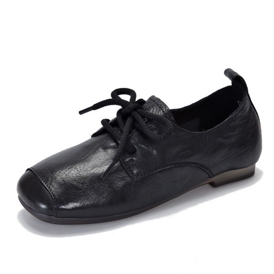 Genuine Leather Square Toe Retro Lace Up Flats Women's Shoes
