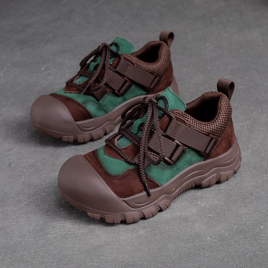 Women's Leather Colorblocking Big Head Lace Up Platform Casual Shoes