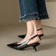 Genuine Leather Pointed Toe Kitten Heel Pumps with Buckled Straps