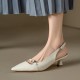 Genuine Leather Pointed Toe Kitten Heel Pumps with Buckled Straps