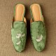 Flat Shoes Green With Hand Embroidered Leaf Velvet Mules