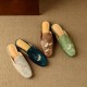 Flat Shoes Green With Hand Embroidered Leaf Velvet Mules