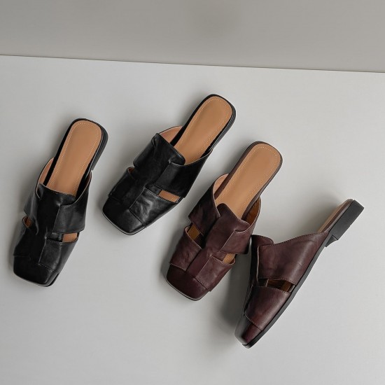 Women's Handmade Leather Closed Toe Casual Hollow Out Flat Mules Sandals