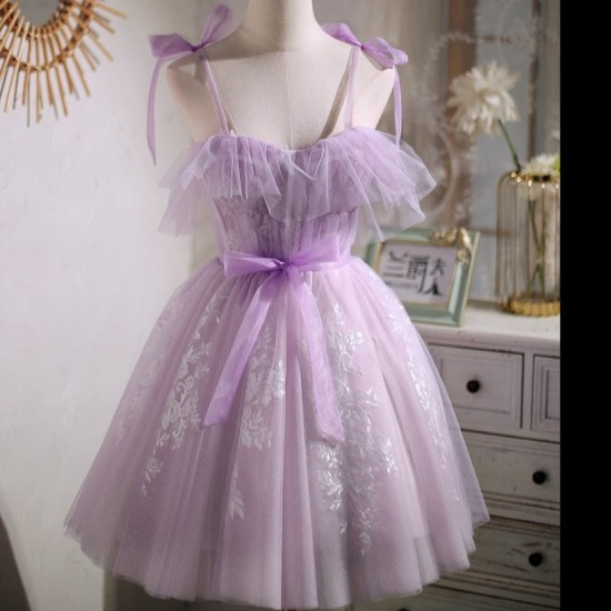 Spaghetti Straps Appliques Tulle Short Homecoming Dresses