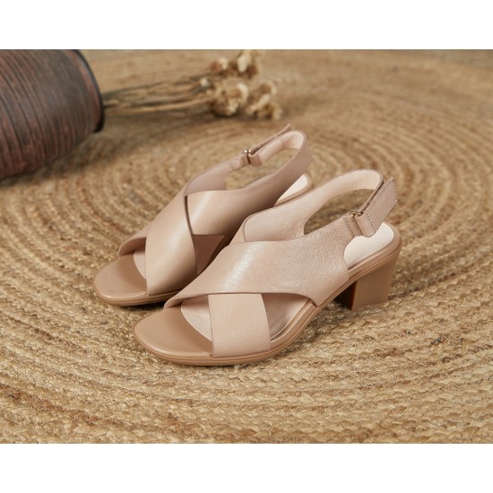 Women's Leather Open Toe Block Heel Cross Strap Sandals