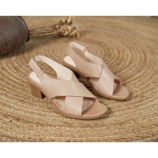 Women's Leather Open Toe Block Heel Cross Strap Sandals