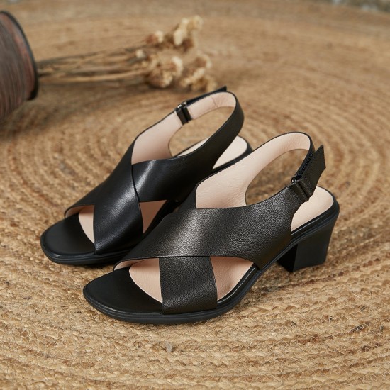 Women's Leather Open Toe Block Heel Cross Strap Sandals