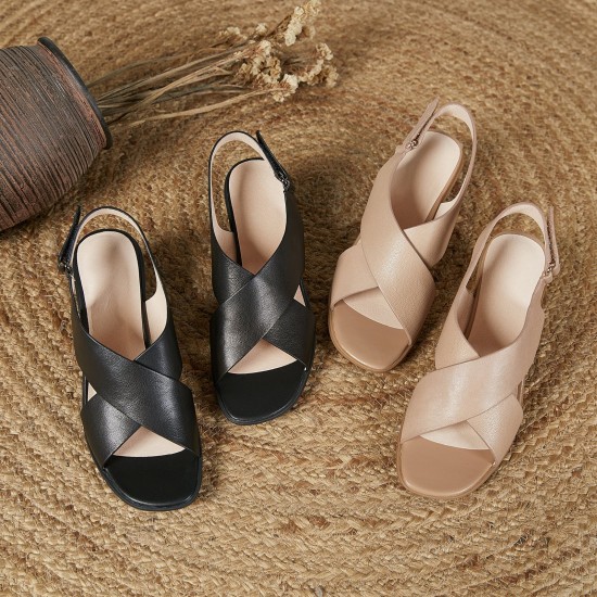 Women's Leather Open Toe Block Heel Cross Strap Sandals