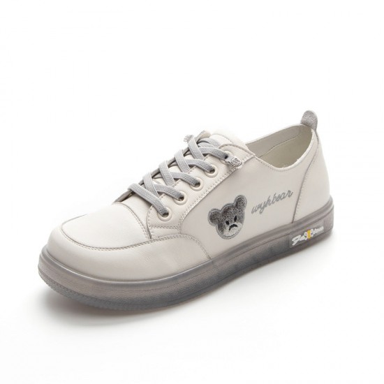 Womens Cute Bear Lace-up Leather Sneakers