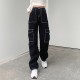 Women's High Waisted Pocket Side Denim Pants Straight Leg Cargo Jeans