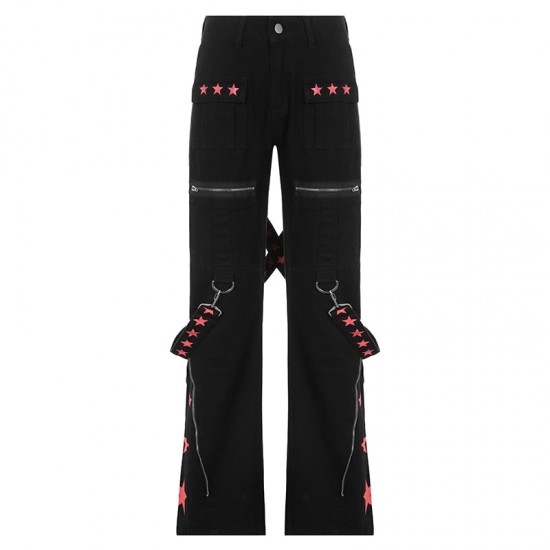 Punk Y2k Grunge Black and Pink Low Waist Denim Pants