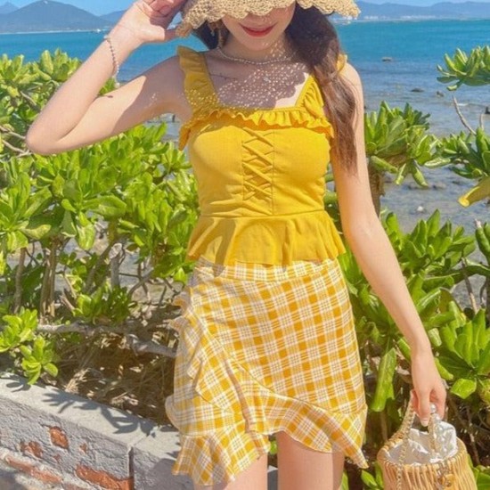 Ruffle Suspenders Two Piece Swimwear