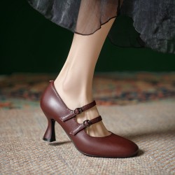 Womens Sheepskin Leather Mary Janes Double-Strap Mid Heel Round Toe Pumps