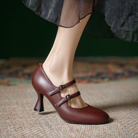 Womens Sheepskin Leather Mary Janes Double-Strap Mid Heel Round Toe Pumps