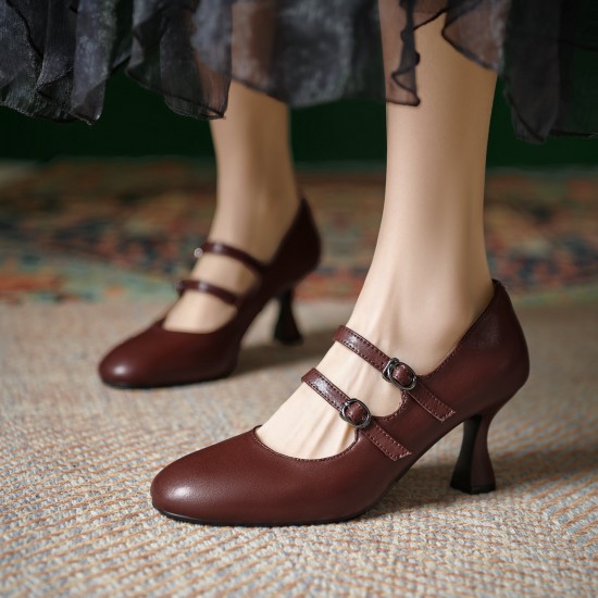 Womens Sheepskin Leather Mary Janes Double-Strap Mid Heel Round Toe Pumps