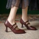 Womens Sheepskin Leather Mary Janes Double-Strap Mid Heel Round Toe Pumps
